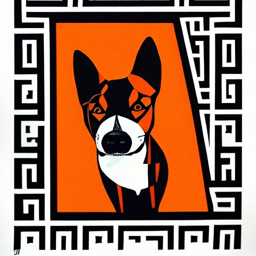 Image similar to <https://s.mj.run/xnm80wAjy-Q> Graphic art of a canine, orange black and whites, geometric style, highly stylized, trending on artstation, shepard fairey