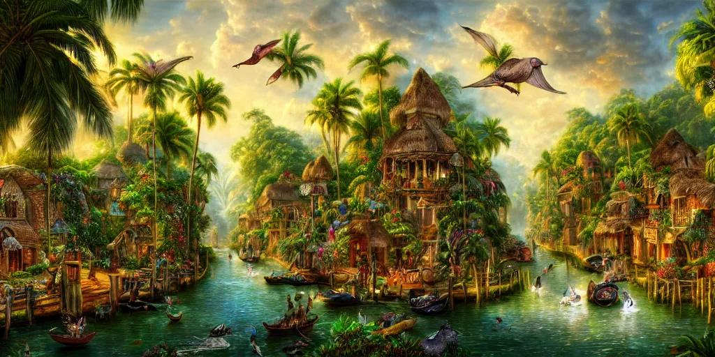 Prompt: canal village in a tropical eastern waterfall valley, with great birds, lush wildlife, ancient ruins, fantasy, precise and incredibly highly detailed intricate 8 k wallpaper, john stephens, lisa frank, tim white, rococo, hr giger, krenz cushart, long shot dramatic lighting, crisp intricate stunning award winning masterpiece trending on artstation beautiful