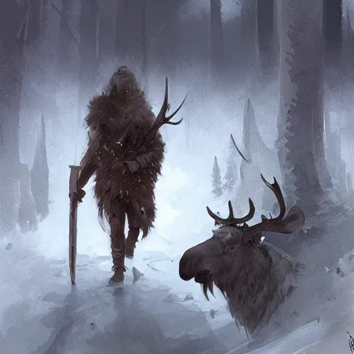 Image similar to one - legged barbarian with moose head by greg rutkowski