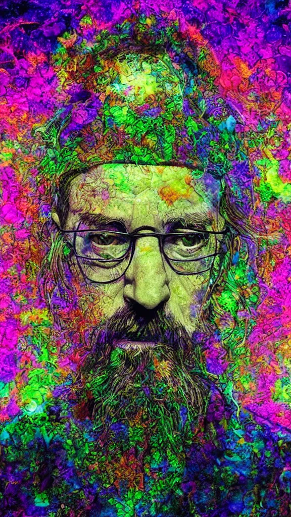 Prompt: terrance mckenna protrait with mushrooms fractals and fog, vivid psychadelic colorful