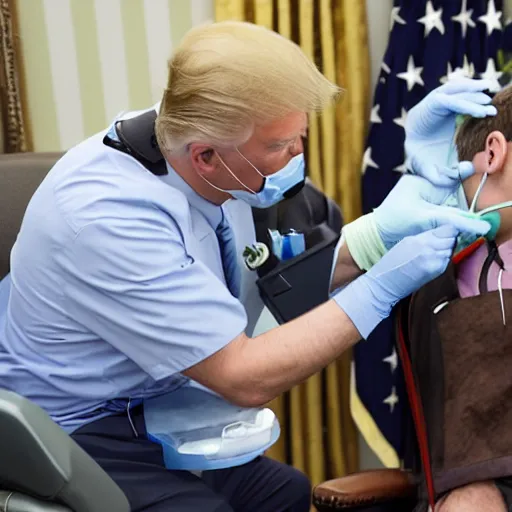 Image similar to cartoon shark having dental work in the dentist chair by president trump in the Oval Office