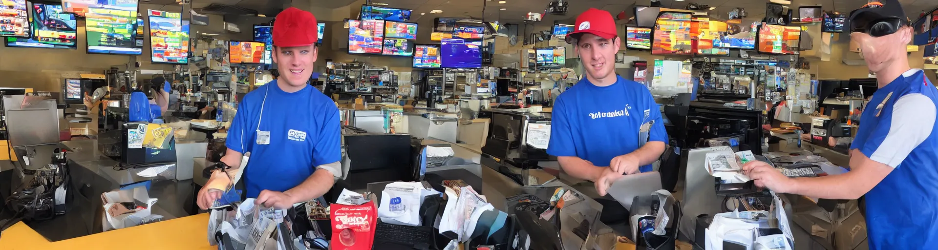 Image similar to Tim Dillon working at Sonic because he lost all of his money leverage trading bitcoin