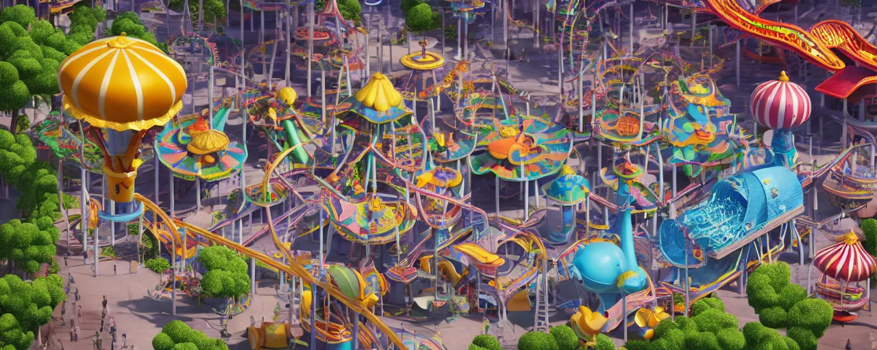 Prompt: amusement park isometric 3d, ultra hd, character design by Mark Ryden and Pixar and Hayao Miyazaki, unreal 5, DAZ, hyperrealistic, octane render, cosplay, RPG portrait, dynamic lighting, intricate detail, summer vibrancy, cinematic