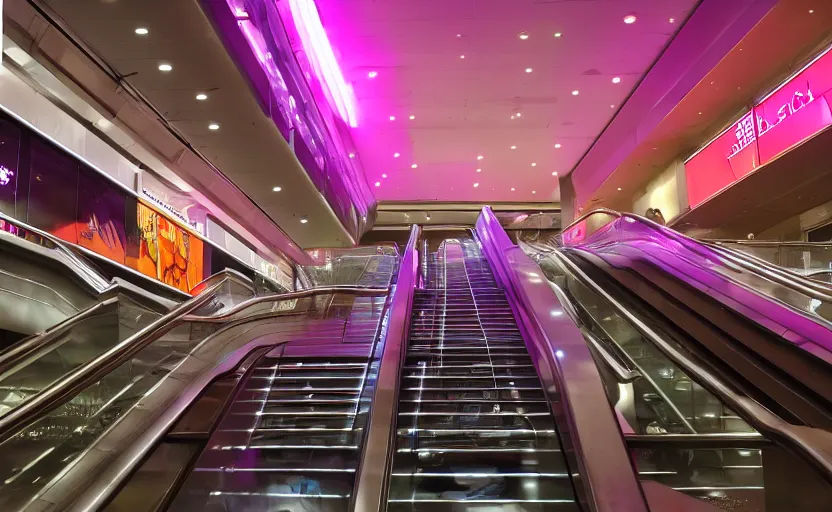 Prompt: many escalators leading up to a large mall exterior, neon lights, fog, octane render