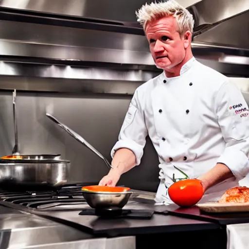 Image similar to hyper real Gordon Ramsey cooking a unicorn in kitchen 4k