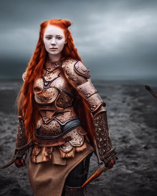 Prompt: north female warrior, red hair, ginger hair, fantasy, high detailed, photography, cloudy, lightweight leather armour, Scandinavia, plain, detailed face, cute face, model, glowing skin, two large long braids, serious face professional photographer, masterpiece, 8k, 3D