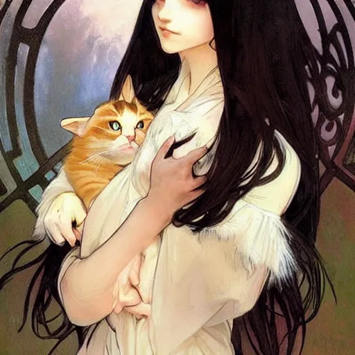 Image similar to emo girl and her cat, with long dark hair, thick eyebrows!!! deep dark big eyes and dark circles!, wide nose!!!, oval face shape, big cheeks!, by greg rutkowski and alphonse mucha, trending on pixiv