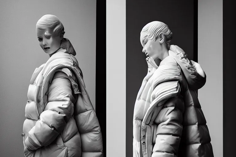 Image similar to well lit fashion shoot portrait of extremely beautiful female marble statue wearing huge over size puffer jacket by dingyun zhang, yeezy, balenciaga, vetements, a cold wall, sharp focus, clear, detailed,, cinematic, detailed, off white, glamourous, symmetrical, vogue, editorial, fashion, magazine shoot, glossy