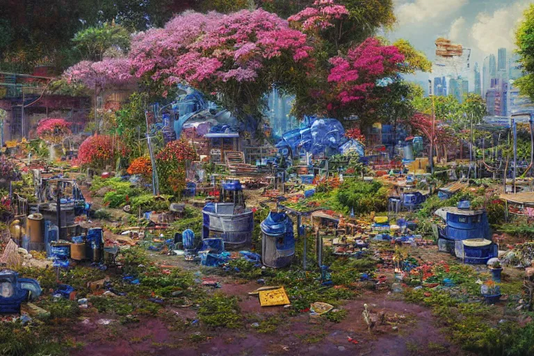 Prompt: oil painting, super - detailed scene electronics waste dump, cyberpunk garden, agbogbloshie, indigo blooming flowers garden, japanese sci - fi books art, artwork by jean giraud, hd, 4 k, high quality