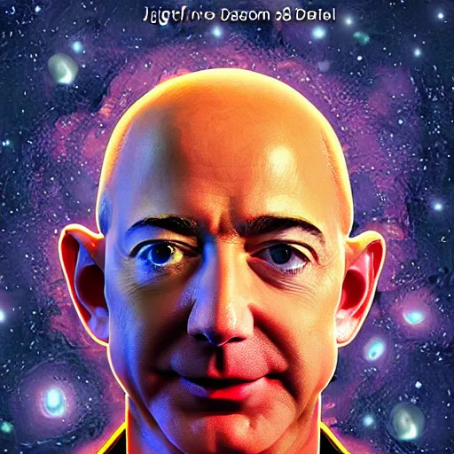 Image similar to Jeff Bezos as a terrifying cosmic horror with a thousand tentacles coming from his eyes and cracks in his head with a cosmic background. Epic digital art