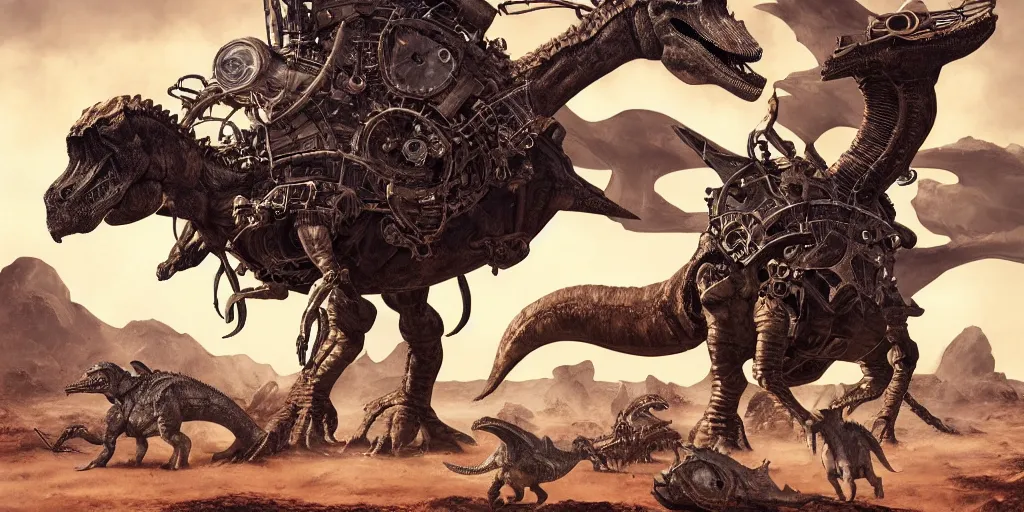 Image similar to hard metal rockers riding dinosaurs in the space desert, boris vallejo style, steampunk, hyper detailed, digital art, cinematic lighting, 8 k