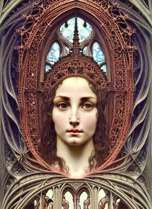 Image similar to hyperrealistic detailed face portrait of a beautiful young goddess morphing into a gothic cathedral, authentic ornamental architecture, intricate and highly detailed, awe inspiring art by ernst haeckel, h. r. giger, alphonso mucha, raphael, gothic, neo - gothic, heavily ornamental, nice deep colours,