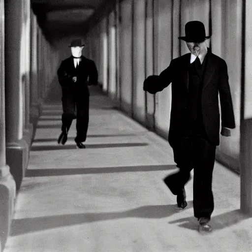 Image similar to a mysterious man in a black suit and black hat is walking towards camera. he has a pistol. strong shadows, high contrast, atmospheric