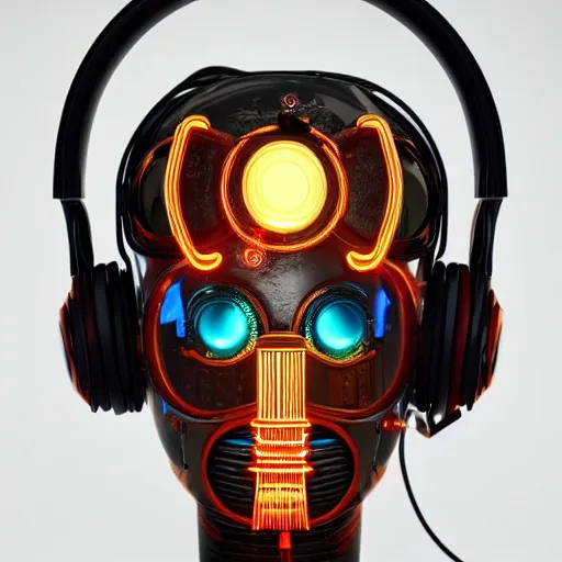 Prompt: a glossy claymodel of a steampunk robot head with glowing headphones, 8 k, symetrical, flourescent colors, halluzinogenic, multicolored, very detailed, black background, 3 d render,