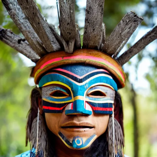 Image similar to aztec man wearing a wooden tribal mask, tribe photography