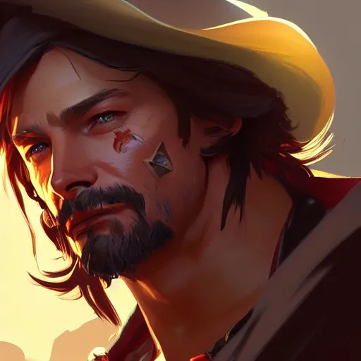 Image similar to mccree from overwatch, highly detailed, digital painting, artstation, concept art, sharp focus, illustration, art by greg rutkowski and alphonse mucha