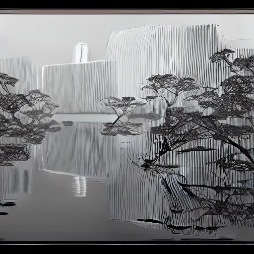 Image similar to remains of the stems of lotus flowers mirrored on a river and looking like sharp geometric scribbles, soft Chinese bridge contour far in the background, light fog, highly detailed black and white photograph by René Burri, 35mm, f/11, ISO 100, concept art, cgsociety, octane render, trending on artstation, artstationHD, artstationHQ, unrealengine