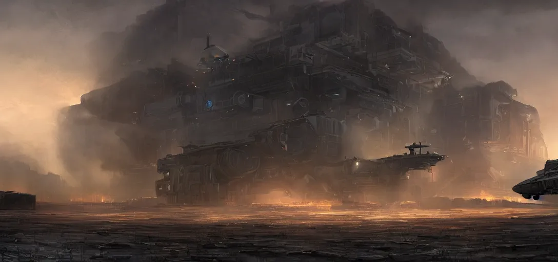 Image similar to concept, Ralph macquarrie, Aaron mcbride, viktor antonov, cinematic shot, rugged dropship base in the side of dark mountains, landing pad, industrial building in background, dark background, half-life, dark smoke in distance, realism, medium details, blurry, 8k, ArtStation, unreal,