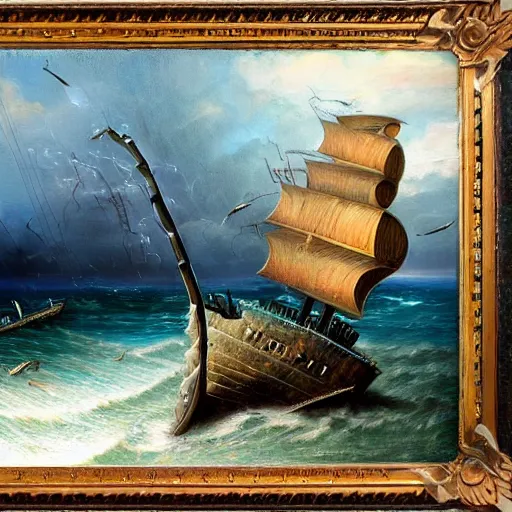 Prompt: shipwreck in the Bermuda triangle of a large ship, lightning and birds on the background oil painting 4K realism