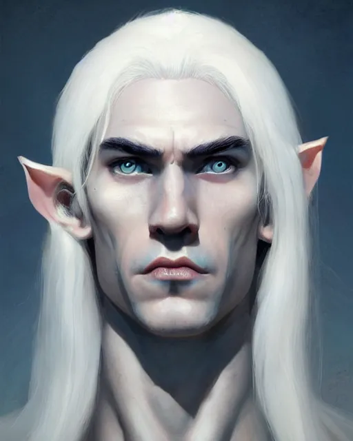 Prompt: character portrait of a slender young half elven man with white hair and eyebrows, piercing bright blue eyes, and pale bluish skin, by greg rutkowski, mark brookes, jim burns, tom bagshaw, trending on artstation