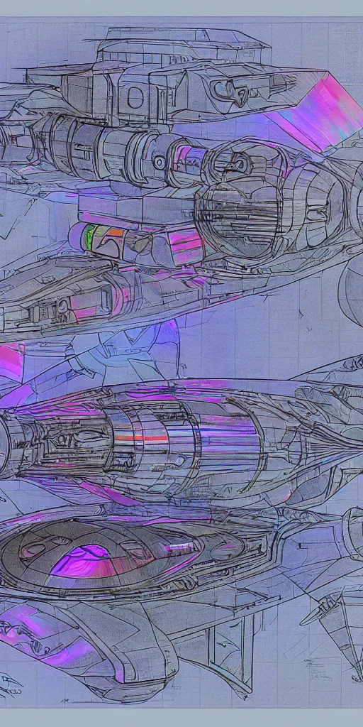 Image similar to blueprint of a spaceship, technical draw, concept art, extreme detail, 3 5 mm, colorful, nyan colors