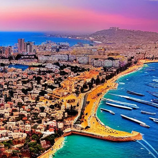 Prompt: a colorful vivid view of haifa with detailed flying unicorns in the sky