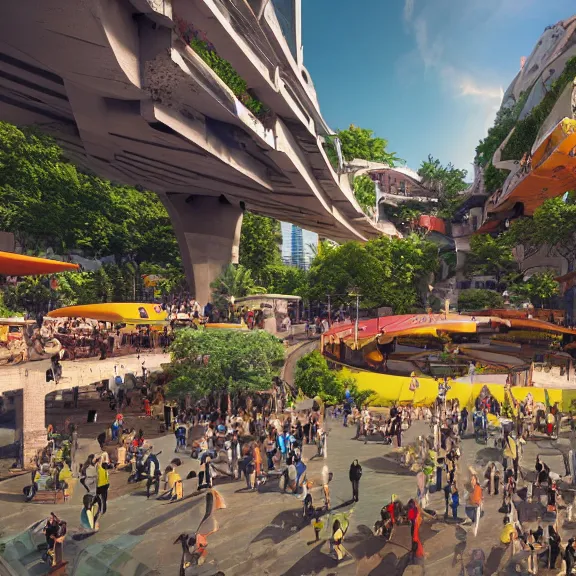 Image similar to environment concept art location of a giant outdoor amphitheater in a sci-fi eco-city, skybridges, turrets, crowded, hundreds of pedestrians, sunbeams, bold bright colors, unreal engine, detailed, octane render, 4k, photorealistic, cinematic lighting