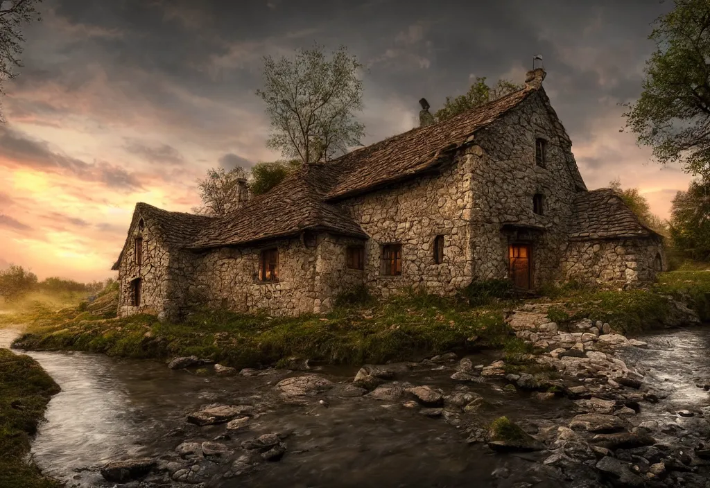 Prompt: a small stone medieval house near a small river at sunset, dramatic lighting, cinematic lighting, HDR, highly detailed, high quality, Seb McKinnon style, 8k, anime style