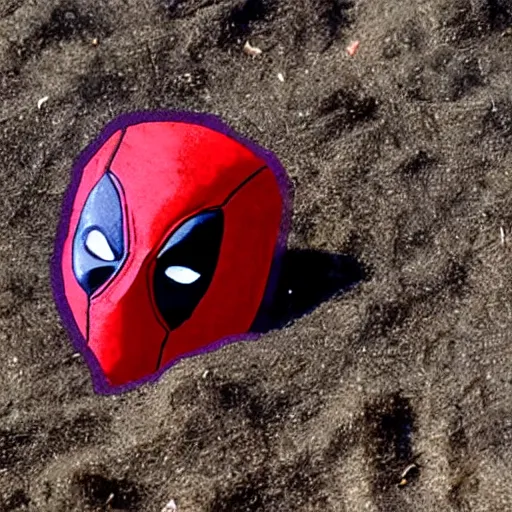 Image similar to deadpool sticking his head out of empty drained lake mead