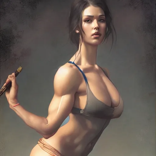 Image similar to painting of a very beautiful girl with muscles, by tom bagshaw, greg rutkowski, wlop