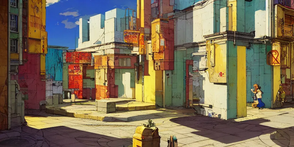 Image similar to neo brutralism, concrete housing, an archway, concept art, colorful, vivid colors, sunshine, light, shadows, reflections, oilpainting, cinematic, 3D, in the style of Akihiko Yoshida and Edward Hopper