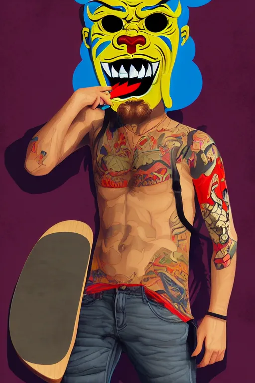 Image similar to guy wearing oni mask and bring skateboard. pop art, no duplicate image, without duplicating image, ultra details, digital painting, artstation, concept art, smooth, sharp focus, illustration, intricate details, art by richard hamilton and mimmo rottela, pixels art by kirokaze and paul robertson