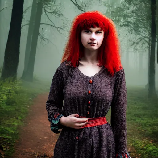 Prompt: young woman is a cottagecore witch, with strawberry hair, with teal clothes, in a foggy forest, hyper - realistic, 4 k, full body, vogue photoshoot
