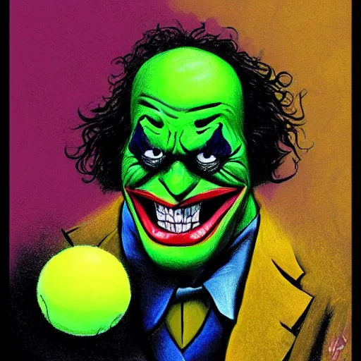 Image similar to a tennis ball monster ,tennis ball, the joker, chalk, digital art, fantasy, magic, trending on artstation, ultra detailed, professional illustration by Basil Gogos