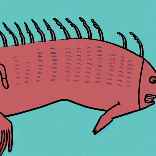 Image similar to illustration of a anthromorphic catfish giving a thumbs up in the style of bojack horseman, by lisa hanawalt