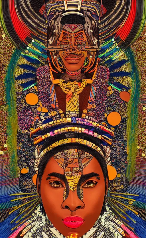 Prompt: upper half portrait of retro futuristic african tribal chief - embellished with vegetation and iridescent crystals, art by utagawa kunisada, highly detailed, digital painting, concept art, illustration, sharp focus, intricate, symmetry, artstation, colourful,