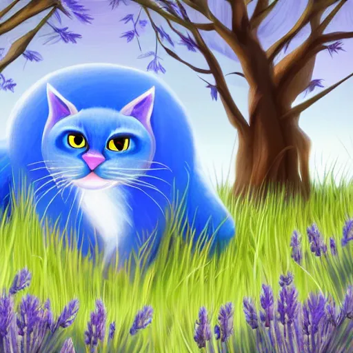 Prompt: illustration of a glowing cute blue cat in grassy field with trees and lavender, concept art, artstation, hd