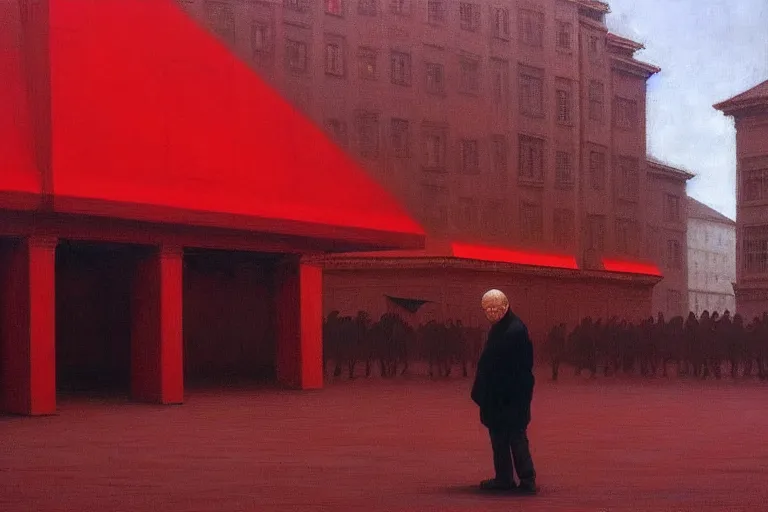 Image similar to only with red, a red old man try to sell a portrait, crowd cheering, in a city square, in the style of beksinski, parts by edward hopper, parts by rodcenko, parts by yue minjun, intricate and epic composition, red by caravaggio, insanely quality, highly detailed, masterpiece, red light, artstation, 4 k