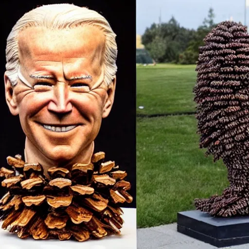 Image similar to a sculpture of joe biden made out of pinecones