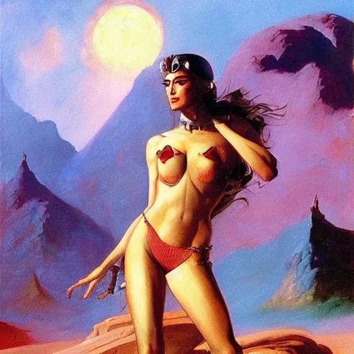 Prompt: princess of mars but with gal godot, photorealistic painting by frank frazetta and boris vallejo