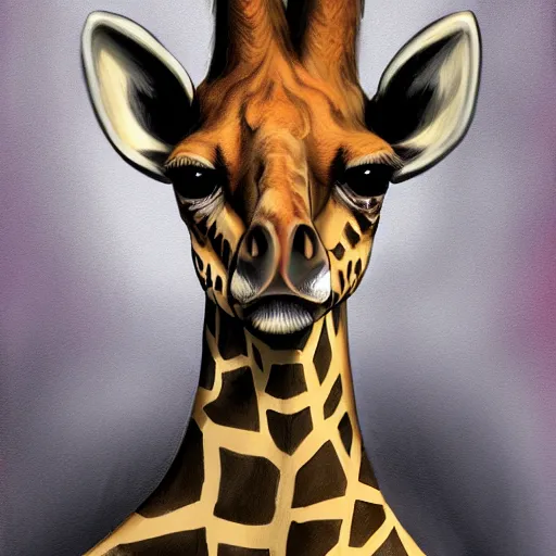 Image similar to Beautiful portrait digital painting, oil painting, anthro anthropomorphic giraffe androgynous , at a lake anarchist anarcho-punk Punk Punk outfit. furaffinity, artstation