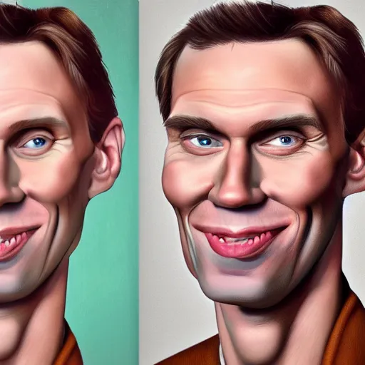 Image similar to Caricature portraits done of Jerma, realistic, hyperrealistic, very realistic, highly detailed, very detailed, extremely detailed, detailed, oil painting, digital art, trending on artstation