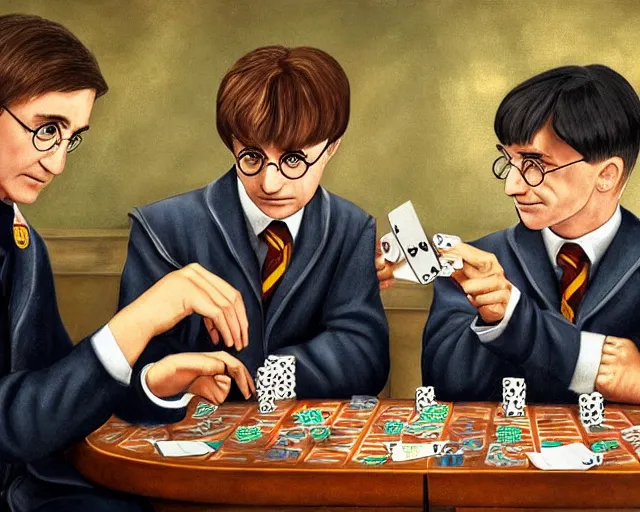 Image similar to daniel raddclife as harry potter and adolf hitler playing poker together, highly detailed, sharp focus, 8 k