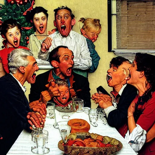 Image similar to a man yelling at his mother during a family christmas dinner by norman rockwell