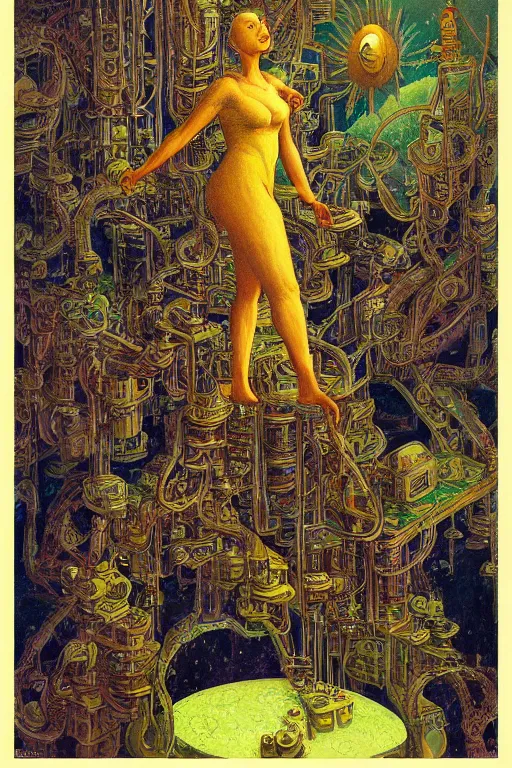 Image similar to realistic portrait of an engineer woman fixing the samsara holy cluster, fine portrait, concept art, stunning, visionary, in the style of ttrpg book illustrations, in the style of brecht evens, in the style of jean delville