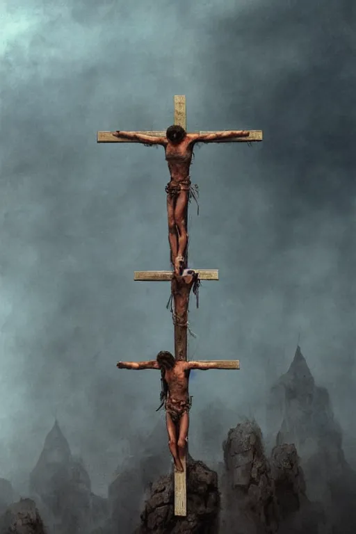 Prompt: depressive crucifixion scene in hell painting movie poster, golden ratio, trending on cgsociety, intricate, majestic, dark epic fantasy, trending on artstation, by Zdizslaw Beksinski and Darius Zawadzki, highly detailed, vibrant, cinematic quality character render; low angle; ultra high quality model; production quality cinema model