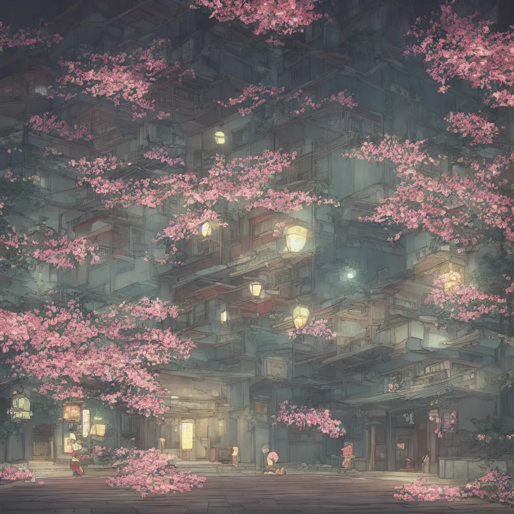 Image similar to Japanese bath house at night (Spirited Away), cherry blossom petals, highly detailed, 3D render, digital art, artstation, 8K photography, matte photo-realistic, vivid colors, moody cool temperature, by Hayao Ghibli Miyazaki!!!, breath of the wild style