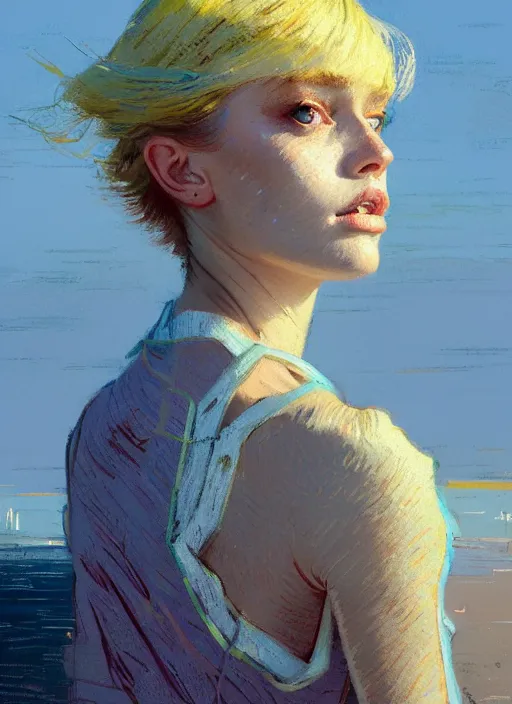 Image similar to portrait of a beautiful girl, sea dunes backdrop, sad, pastel shades of light blue and light yellow, beautiful face, rule of thirds, intricate outfit, spotlight, by greg rutkowski, by jeremy mann, by francoise nielly, by van gogh, digital painting