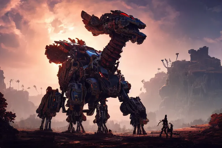 Image similar to thunderjaw machine mecanical creature robot of horizon forbidden west horizon zero dawn radiating a glowing aura global illumination ray tracing hdr fanart arstation by ian pesty and alena aenami artworks in 4 k