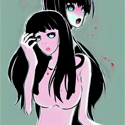 Image similar to a dark picture comic featuring blood horror and goth anime girls